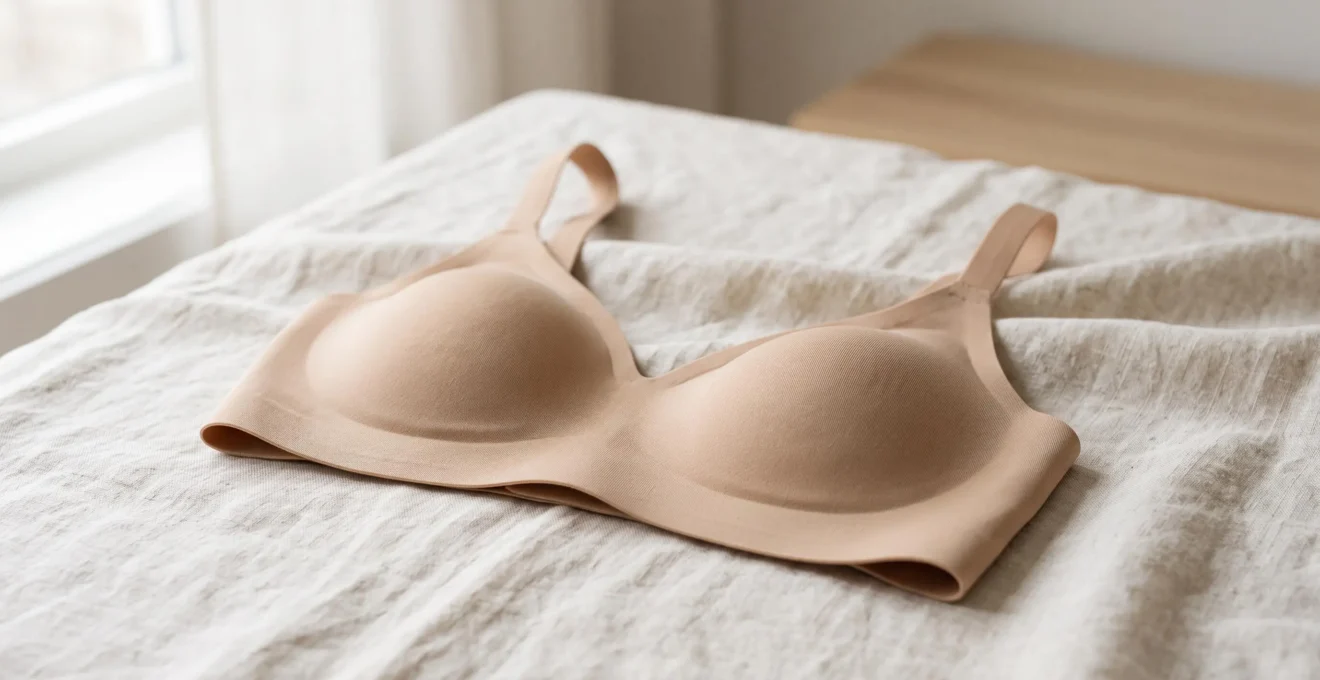 Brassière sans coutures couleur nude posée sur un tissu lin blanc, montrant les finitions invisibles et la texture lisse du tissu