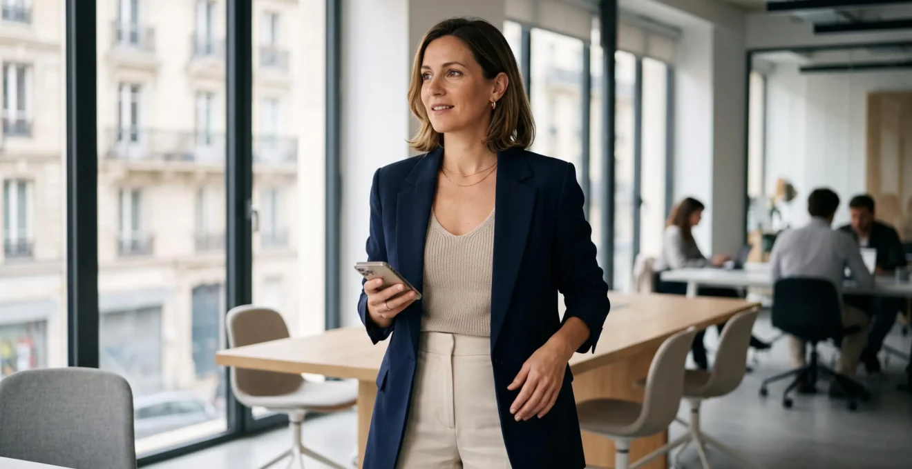 Femme portant un débardeur en maille beige sous un blazer structuré ouvert, dans un bureau parisien contemporain lumineux, en tenue professionnelle casual chic