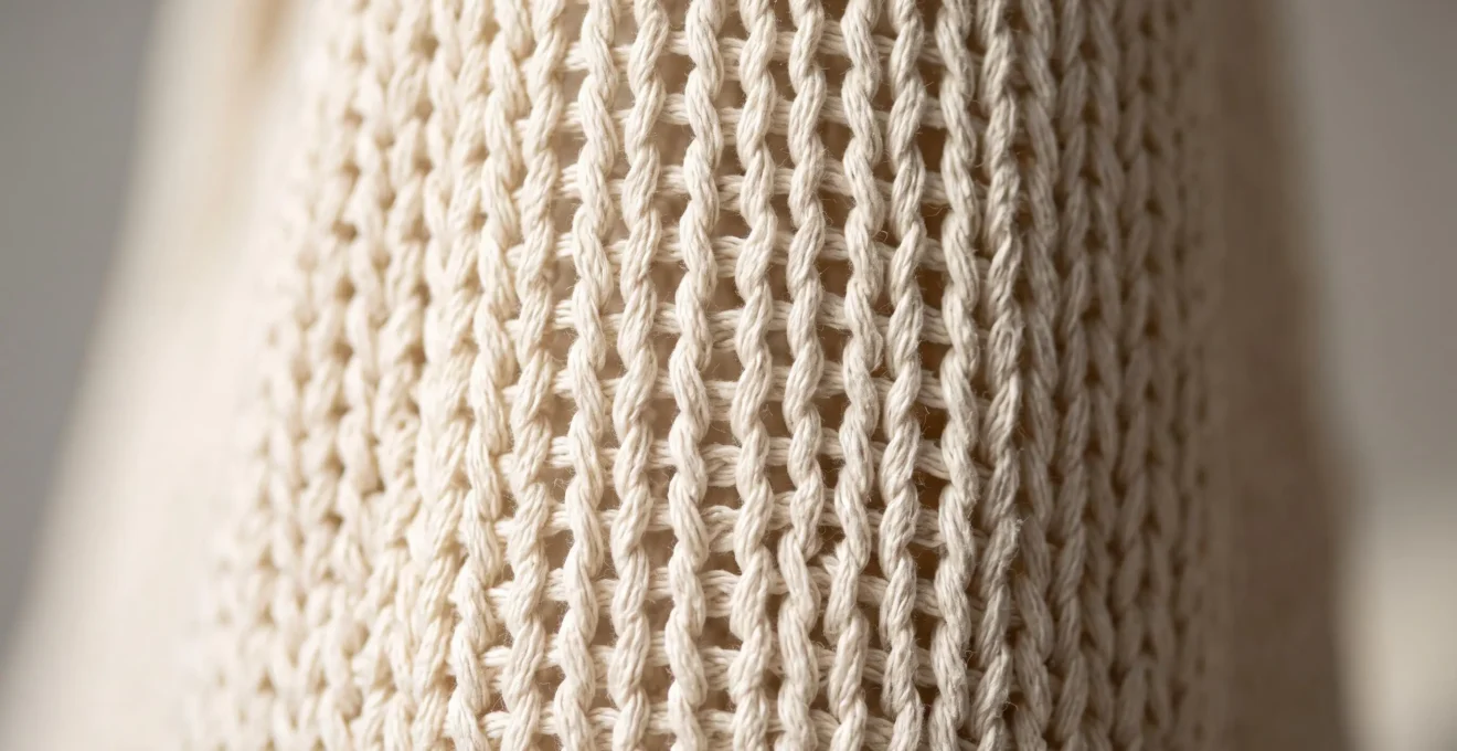 Gros plan macro sur la structure tricotée d'un débardeur en maille coton écru, révélant l'espacement entre les fils et la texture ajourée