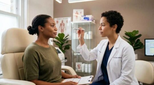 Un médecin examine le visage d'une patiente lors d'une consultation avant un soin esthétique.