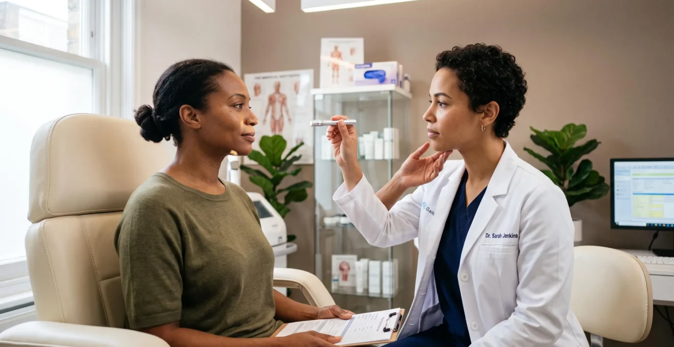 Un médecin examine le visage d'une patiente lors d'une consultation avant un soin esthétique.