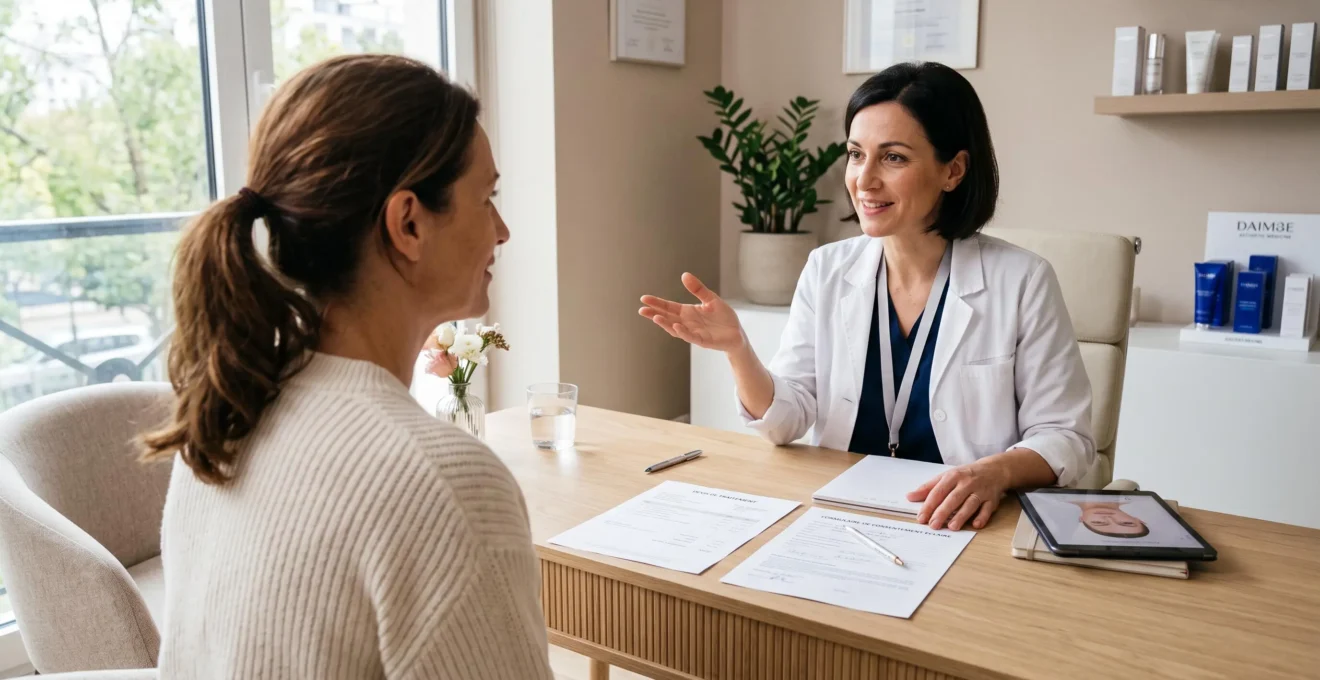 Une patiente échange avec un médecin autour d'un devis posé sur le bureau.