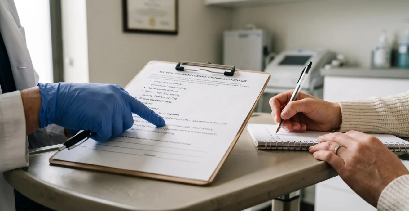 Un médecin montre une liste de contre-indications à une patiente pendant la consultation.